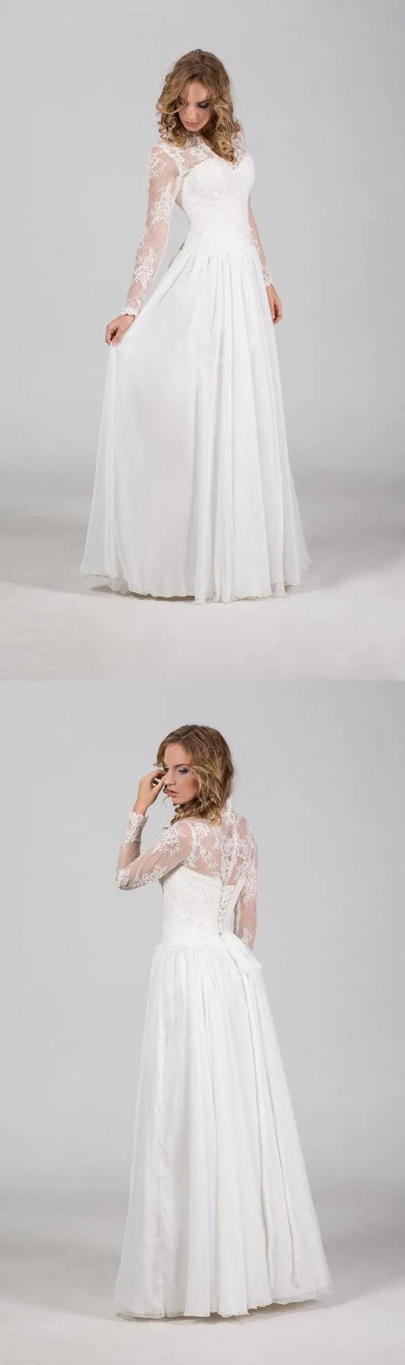 Boho Long Chiffon Wedding Dress With Chantilly Lace Corset-ET_711112