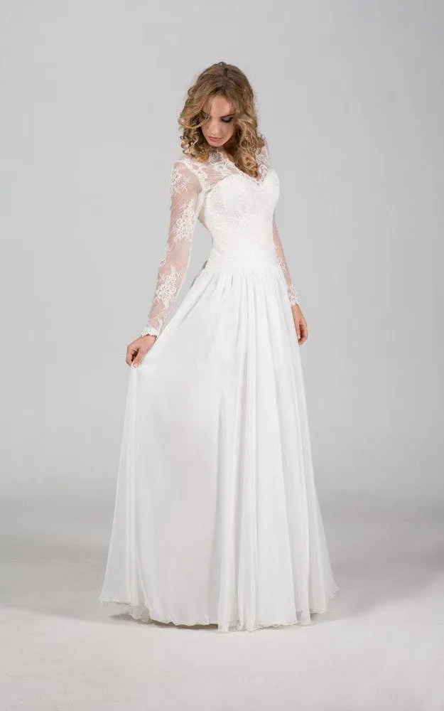 Boho Long Chiffon Wedding Dress With Chantilly Lace Corset-ET_711112