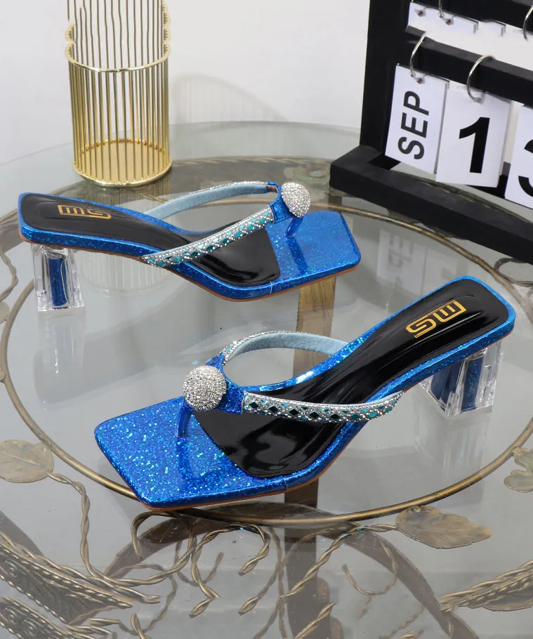 Chic Blue Chunky Heel Flip Flops Blue Faux Leather Zircon XC1002