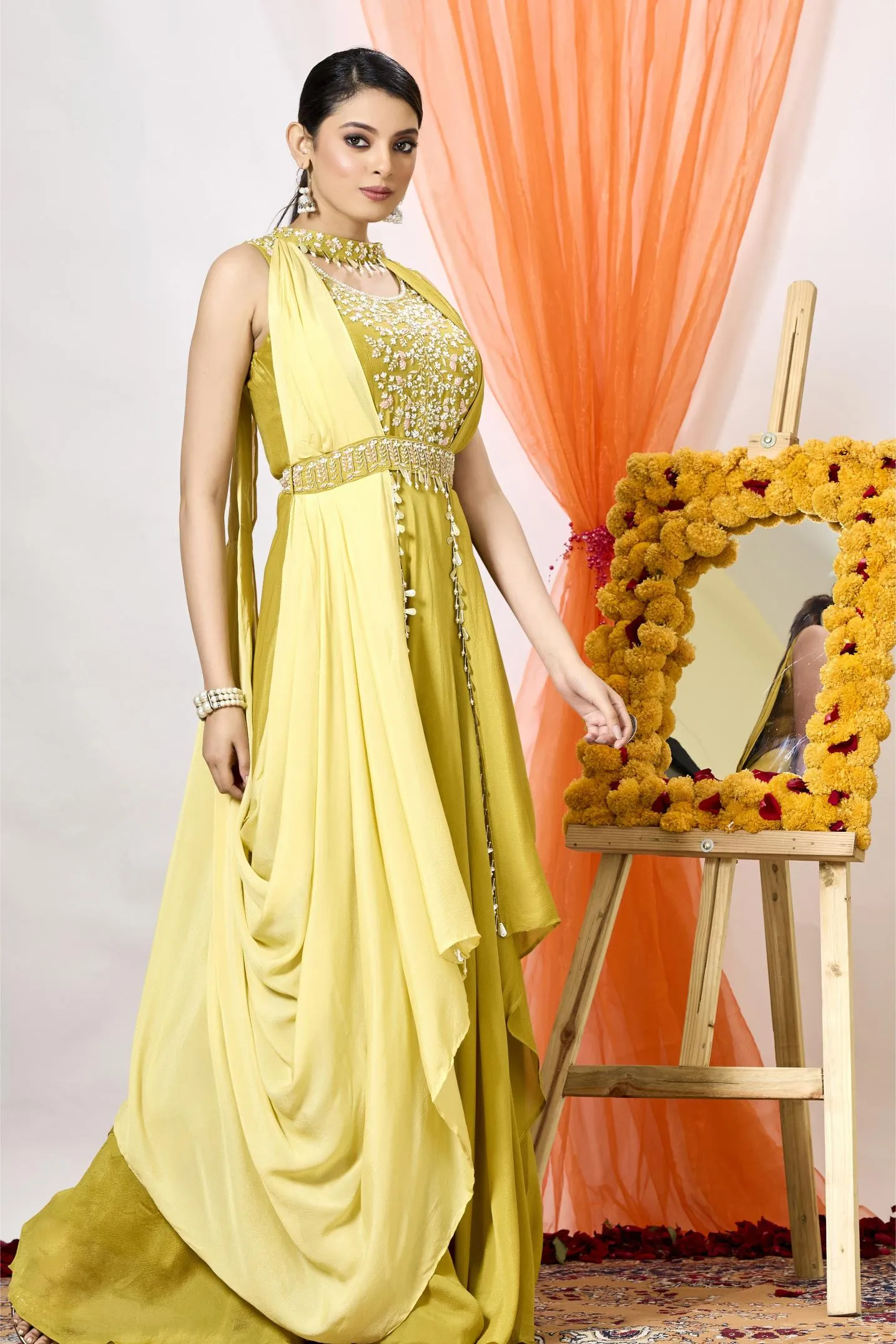 Classic Yellow Embellished Premium Chinon Silk Draped Gown