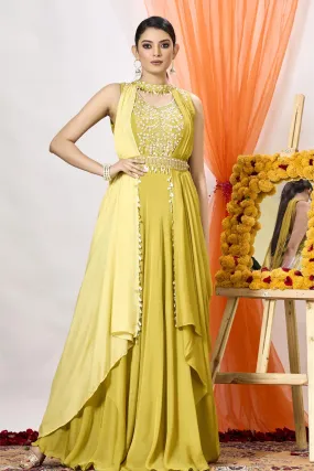 Classic Yellow Embellished Premium Chinon Silk Draped Gown