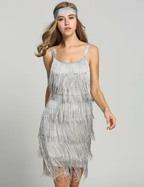 [Clearance] Belted Gray 1920s Fringe Gatsby Dress