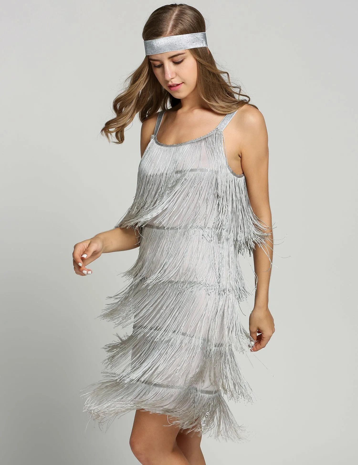 [Clearance] Belted Gray 1920s Fringe Gatsby Dress