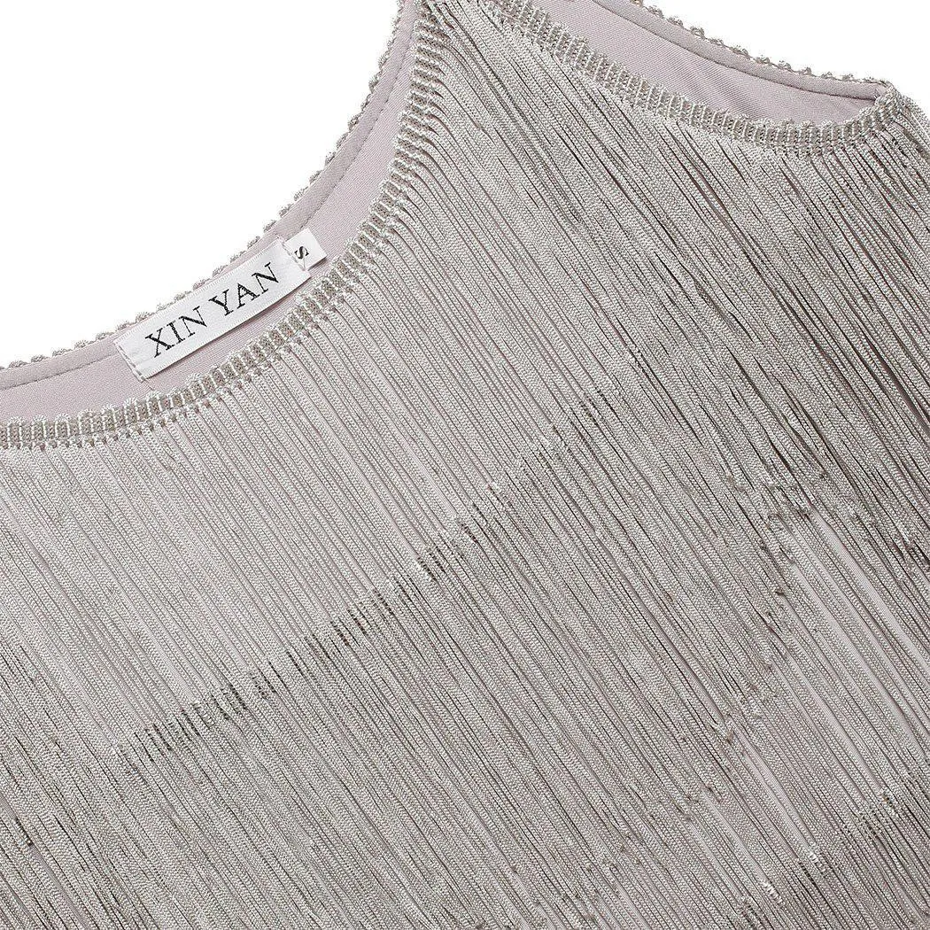 [Clearance] Belted Gray 1920s Fringe Gatsby Dress