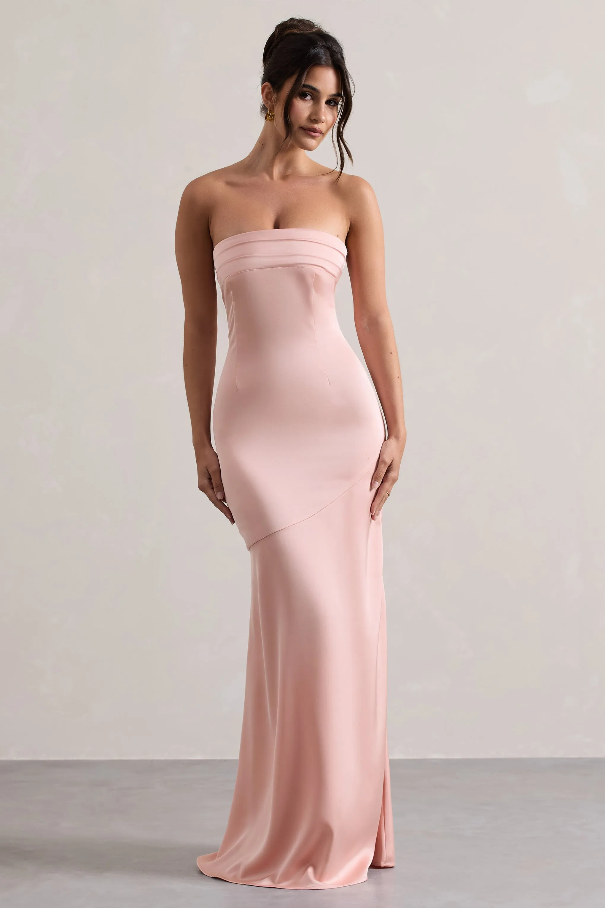 Colada | Pink Satin Pleated Bandeau Maxi Dress