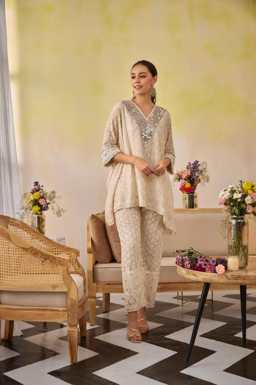 Cream Chic Chikankari Embroidered Kaftan Tunic Co-Ord Set