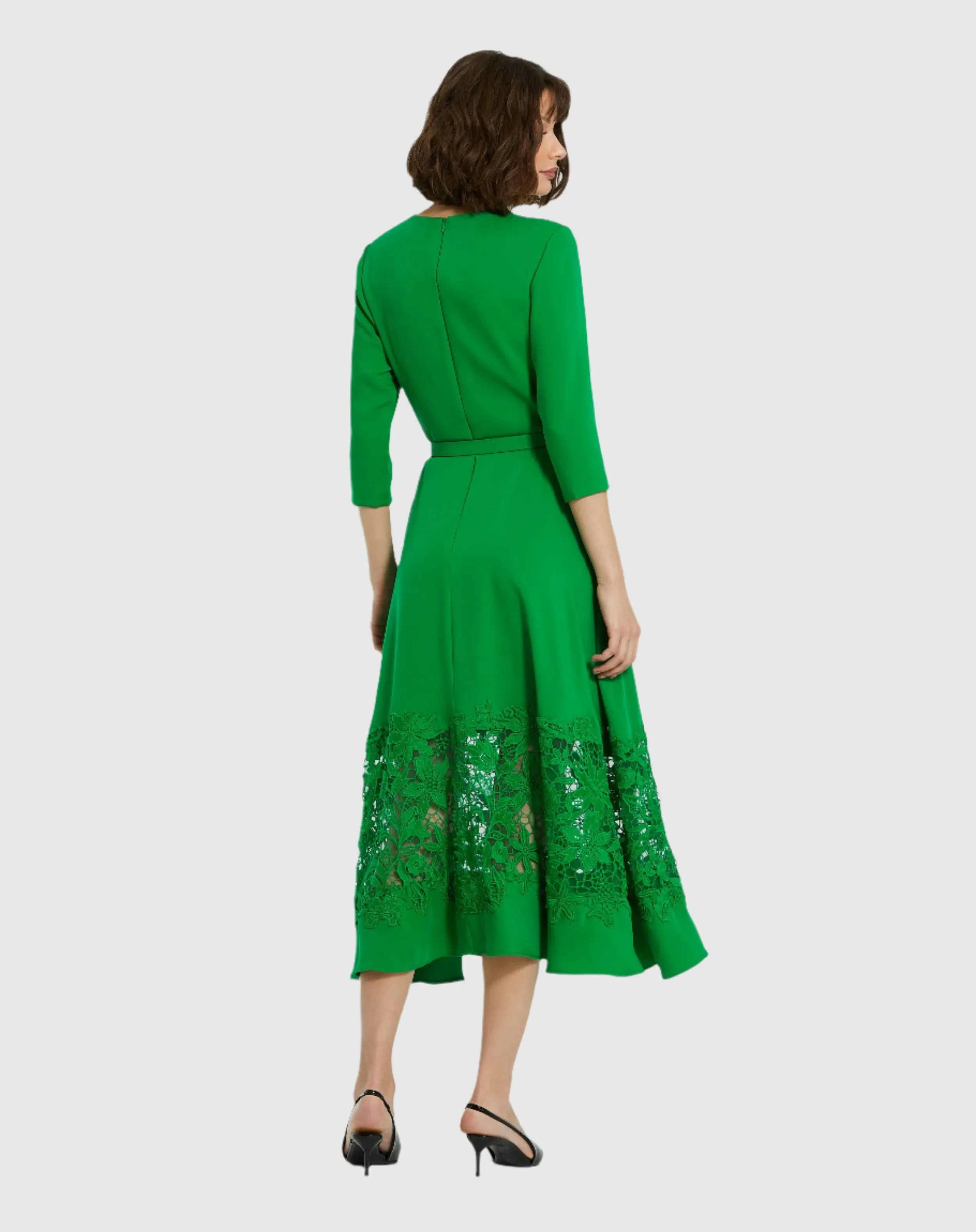 Crepe Boat Neck Midi Dress With Applique Cut Out