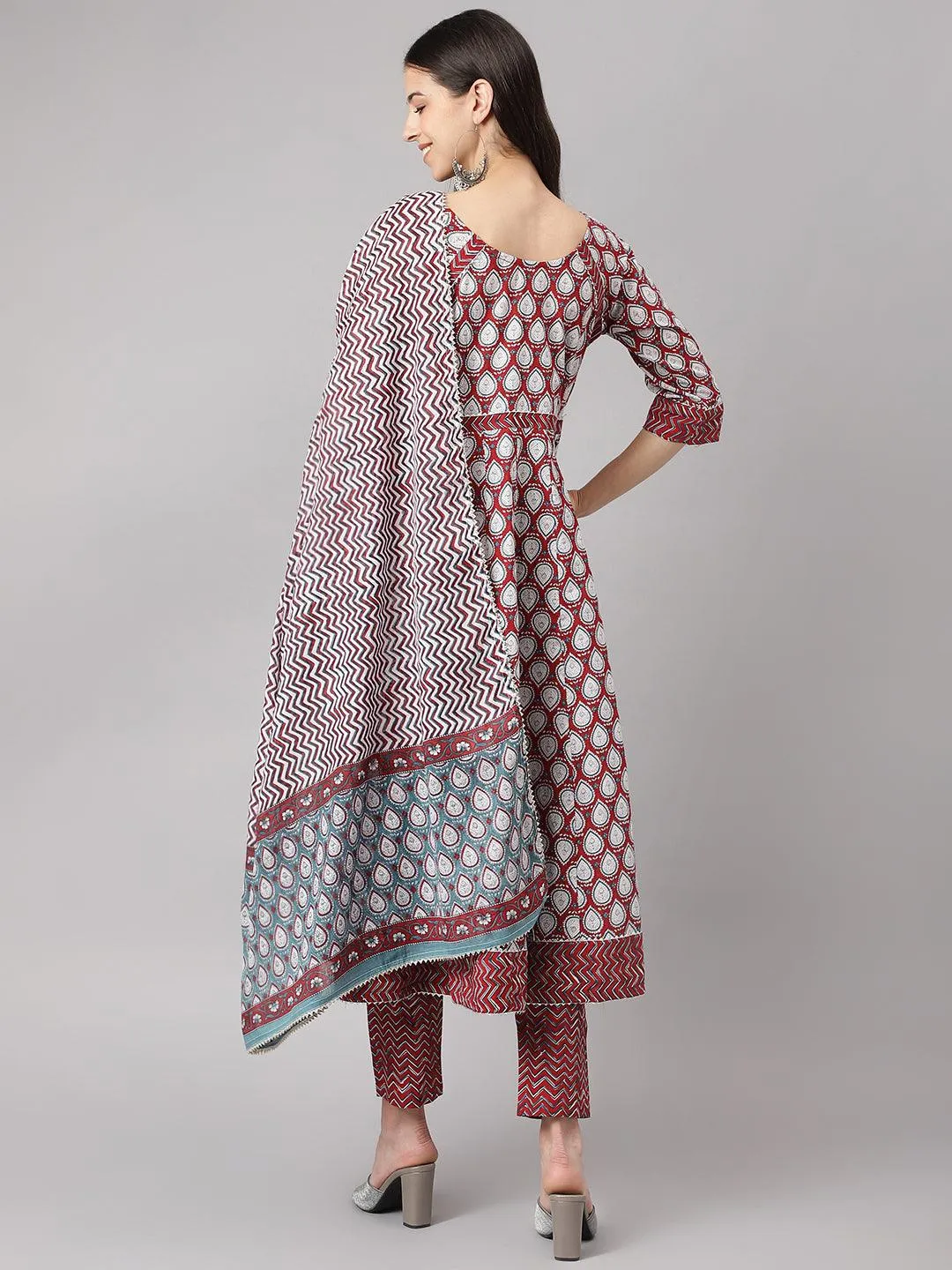 Divena Maroon Cotton Anakali Kurta pant set with Dupatta