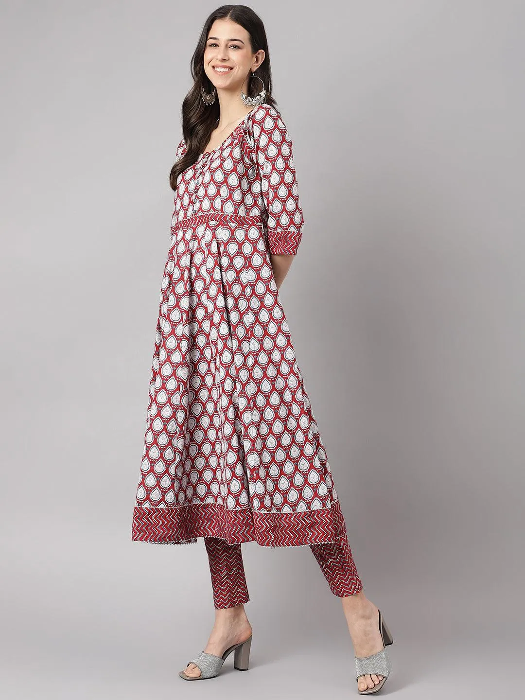 Divena Maroon Cotton Anakali Kurta pant set with Dupatta