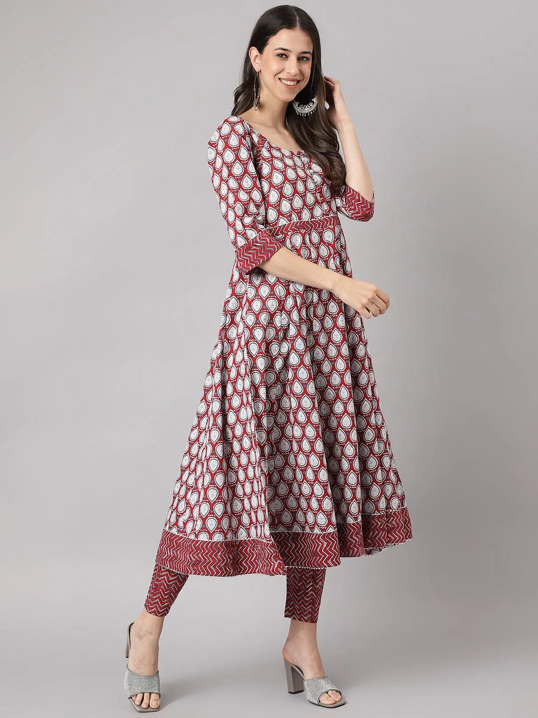 Divena Maroon Cotton Anakali Kurta pant set with Dupatta