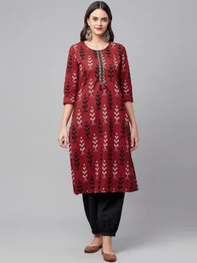 Divena Maroon Cotton Straight Kurta Hem Cuffed Pant set