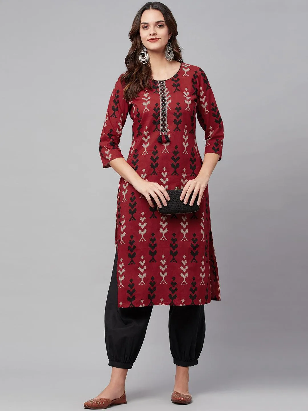 Divena Maroon Cotton Straight Kurta Hem Cuffed Pant set