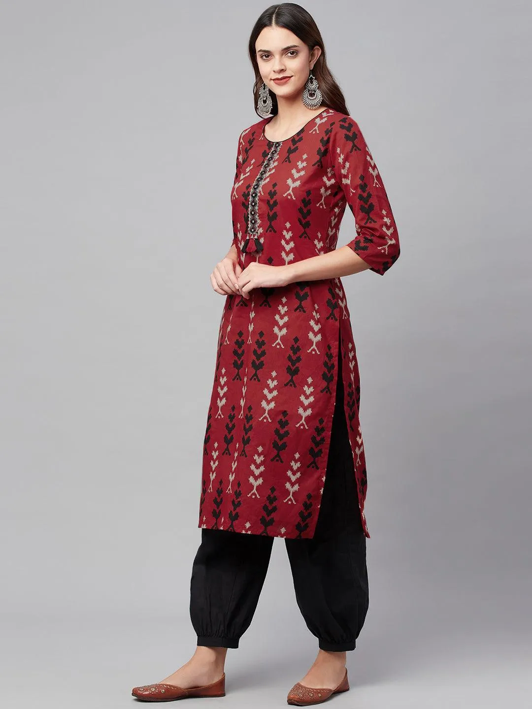 Divena Maroon Cotton Straight Kurta Hem Cuffed Pant set