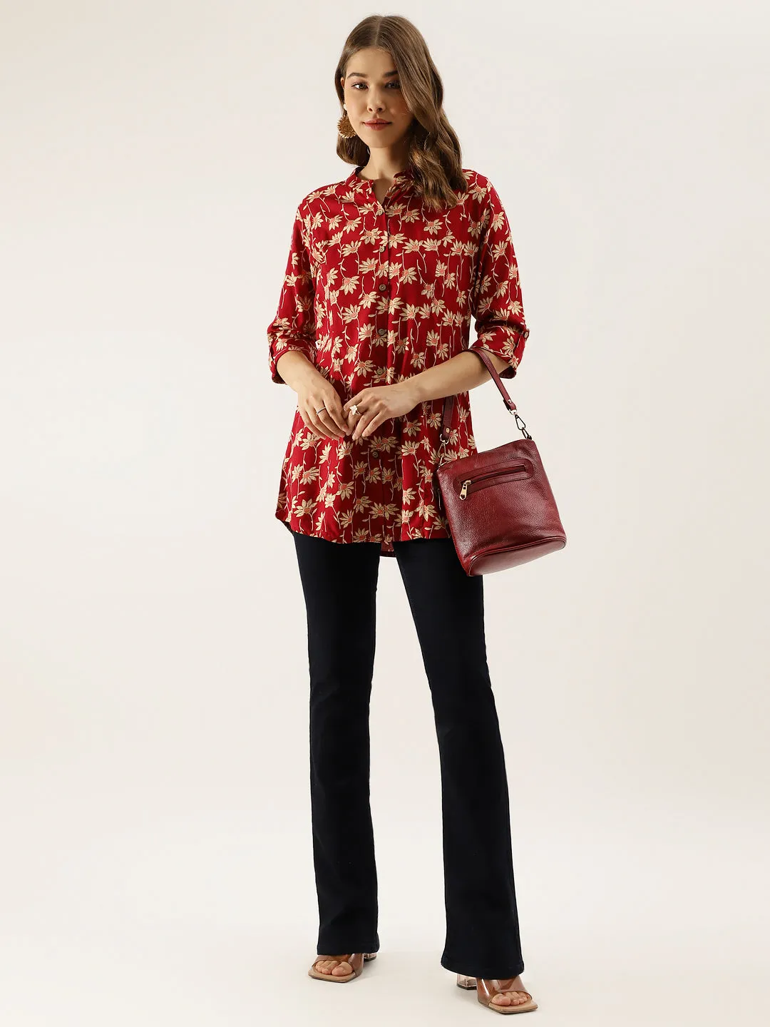 Divena Maroon Floral Printed Rayon Shirt type Top for Women