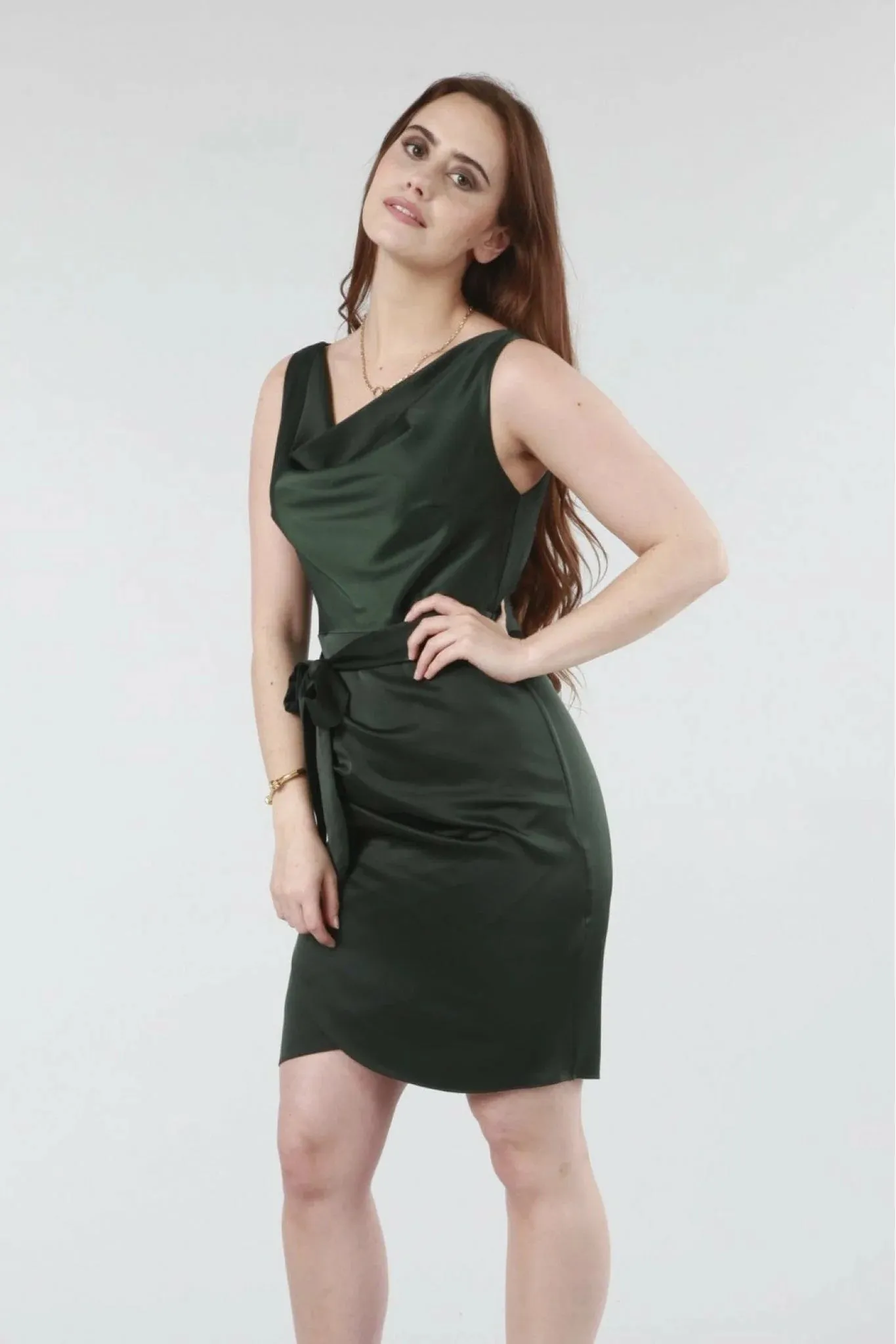 Double Second Green Belted Cowl Neck Dress