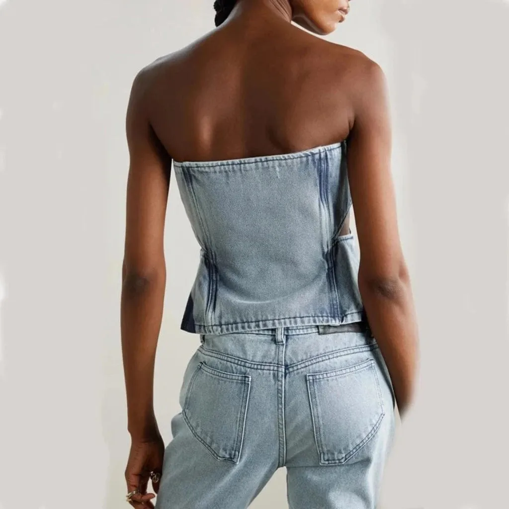 Dual Hue Cutout Jeans Crop Top Set Denim