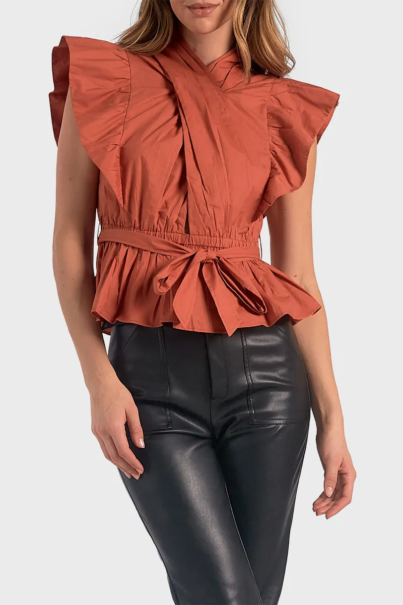 Elan Wrap Top With Flutter Pleated Sleeve