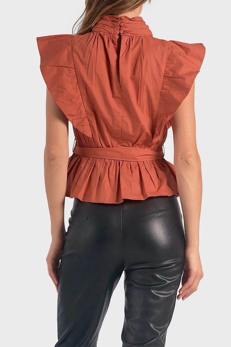 Elan Wrap Top With Flutter Pleated Sleeve