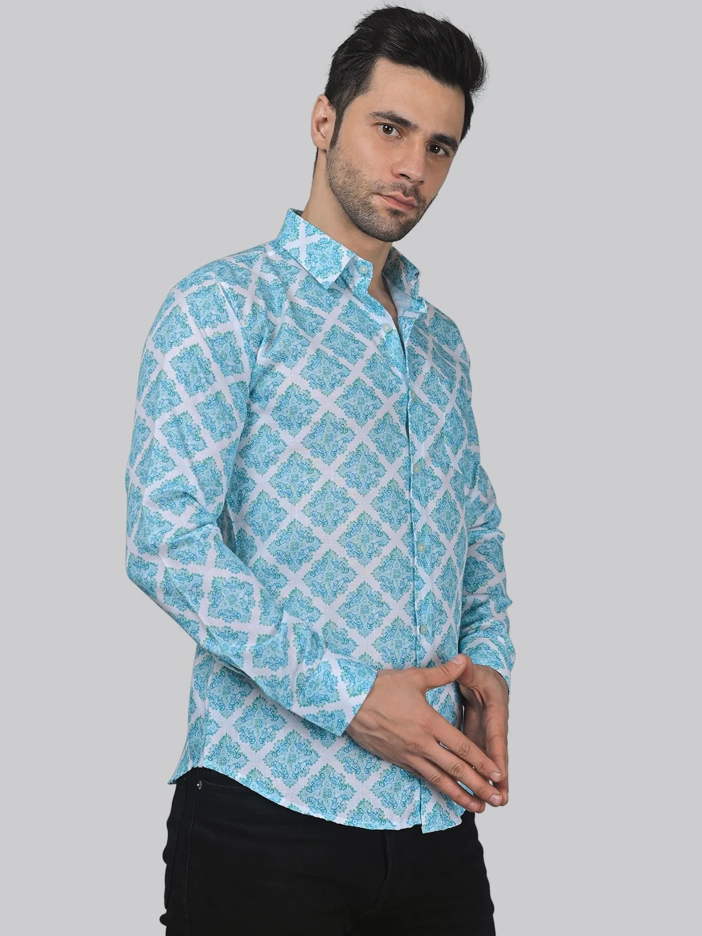 Elegant-edge Men's Printed Full Sleeve Cotton Button-Up Shirt For Men