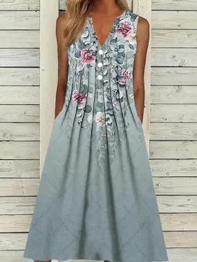 Elegant Gray Floral Midi Dress for Women - Sleeveless V-Neck Summer Dress