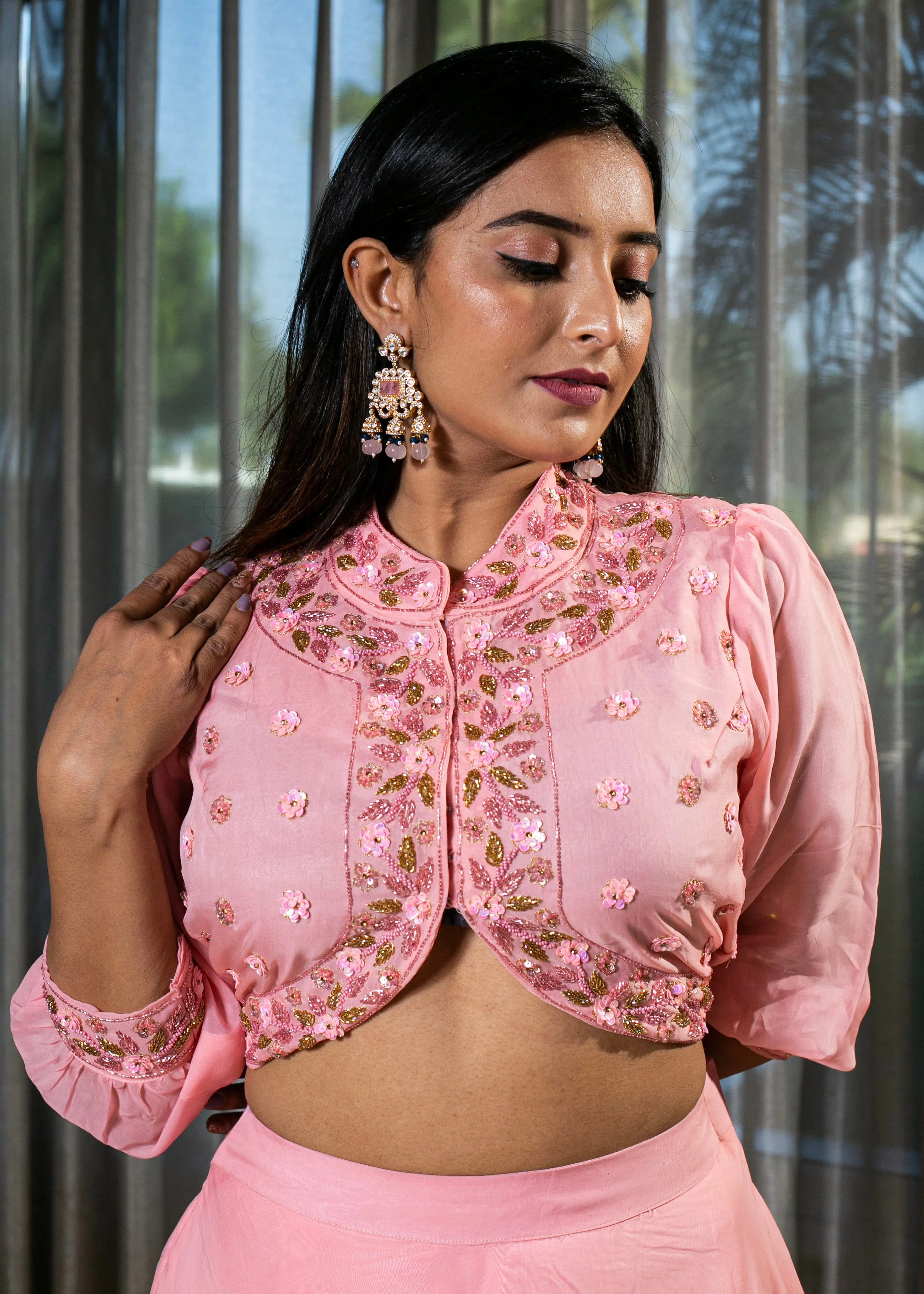 Elegant Pink Organza Lehenga with Crystal and Beadwork