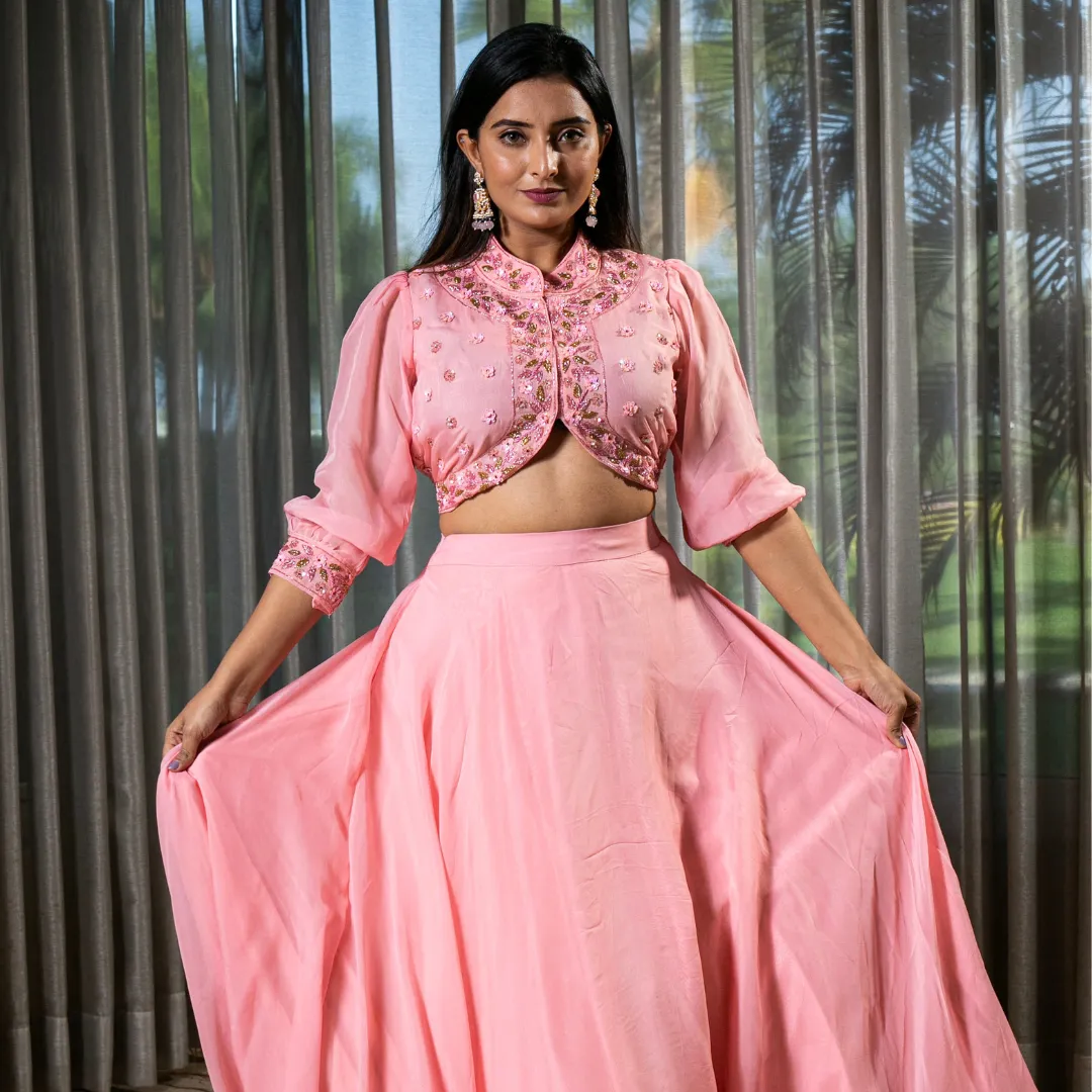 Elegant Pink Organza Lehenga with Crystal and Beadwork