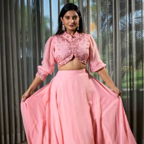 Elegant Pink Organza Lehenga with Crystal and Beadwork