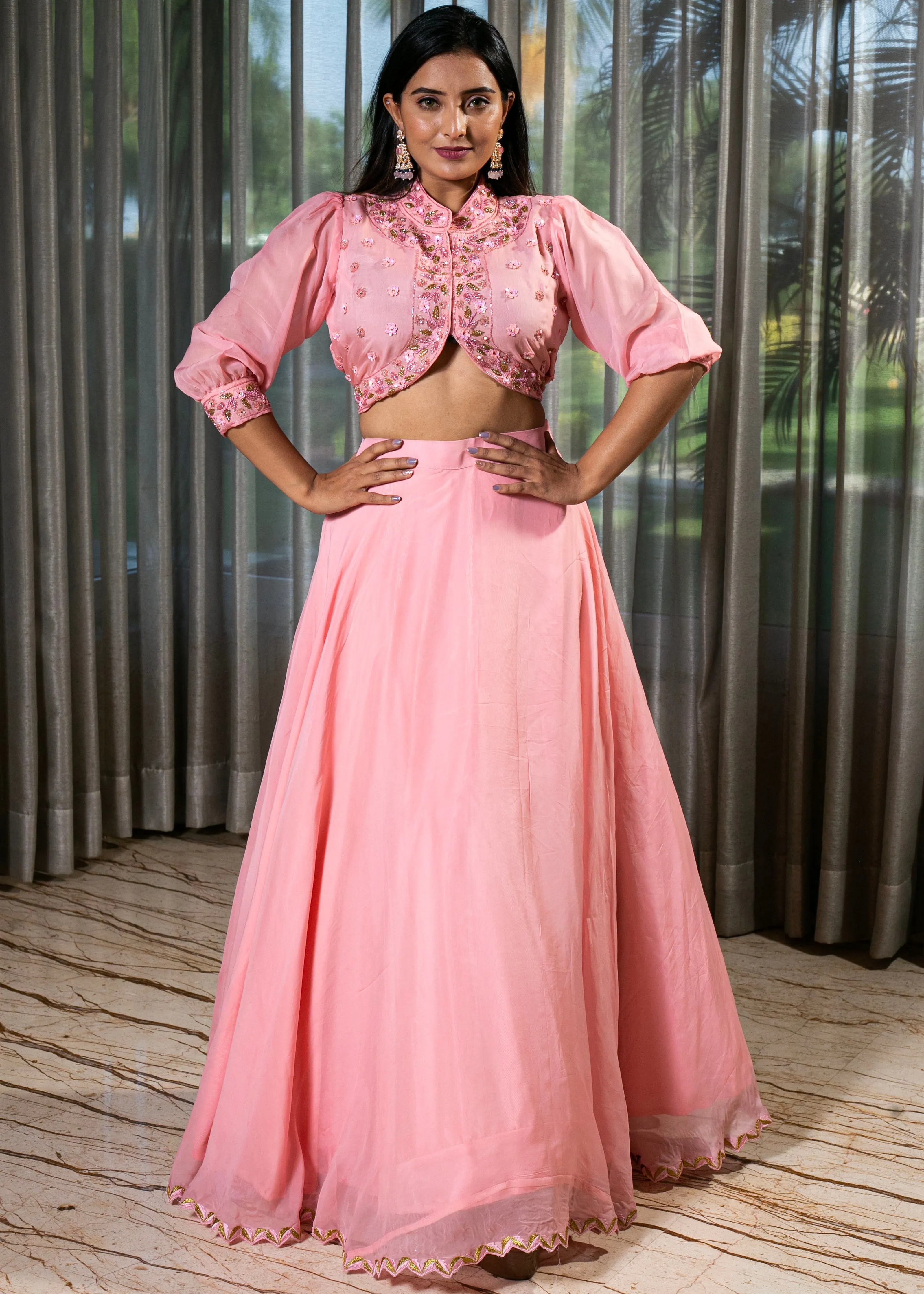 Elegant Pink Organza Lehenga with Crystal and Beadwork