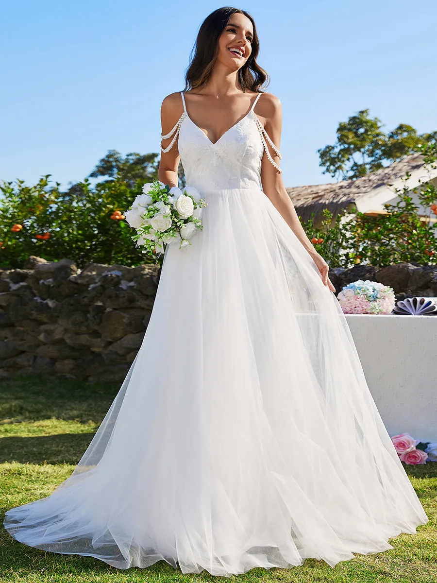 Elegant Spaghetti Straps Pearl Wedding Dress with Sleeveless