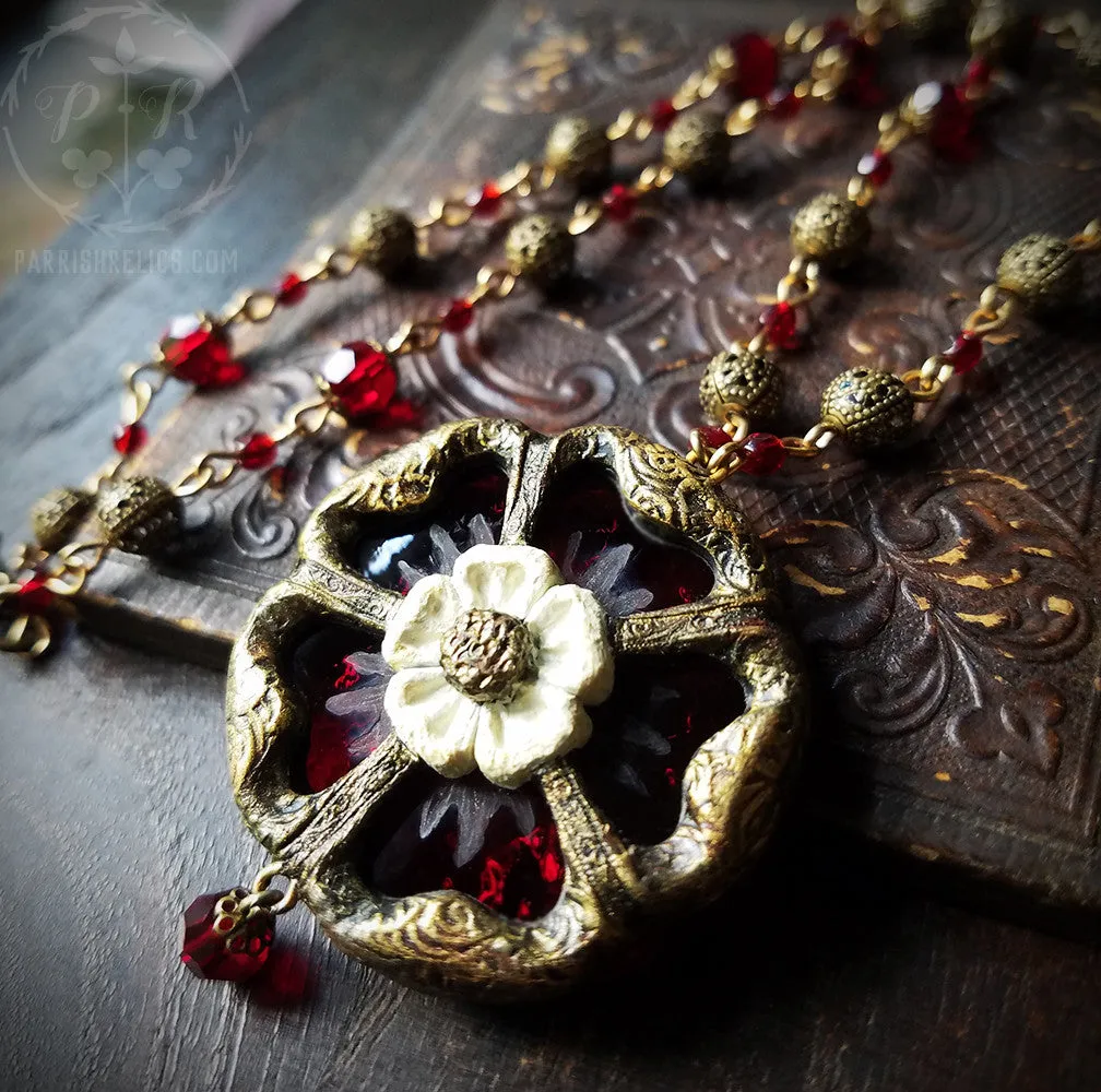 Etched Stained Glass Tudor Rose Amulet Necklace