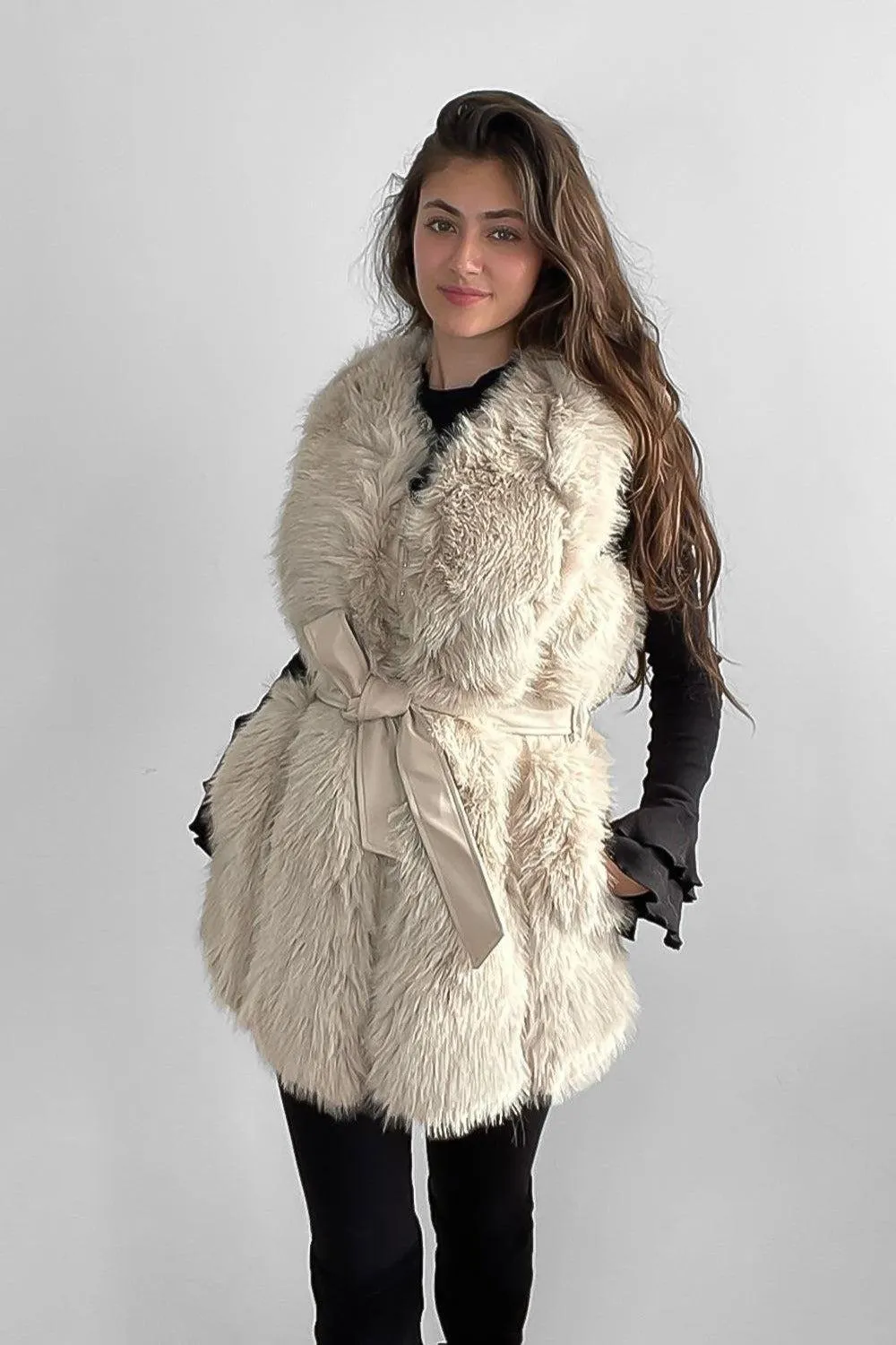 Faux Fur Gilet Belted Style Sleeveless Jacket