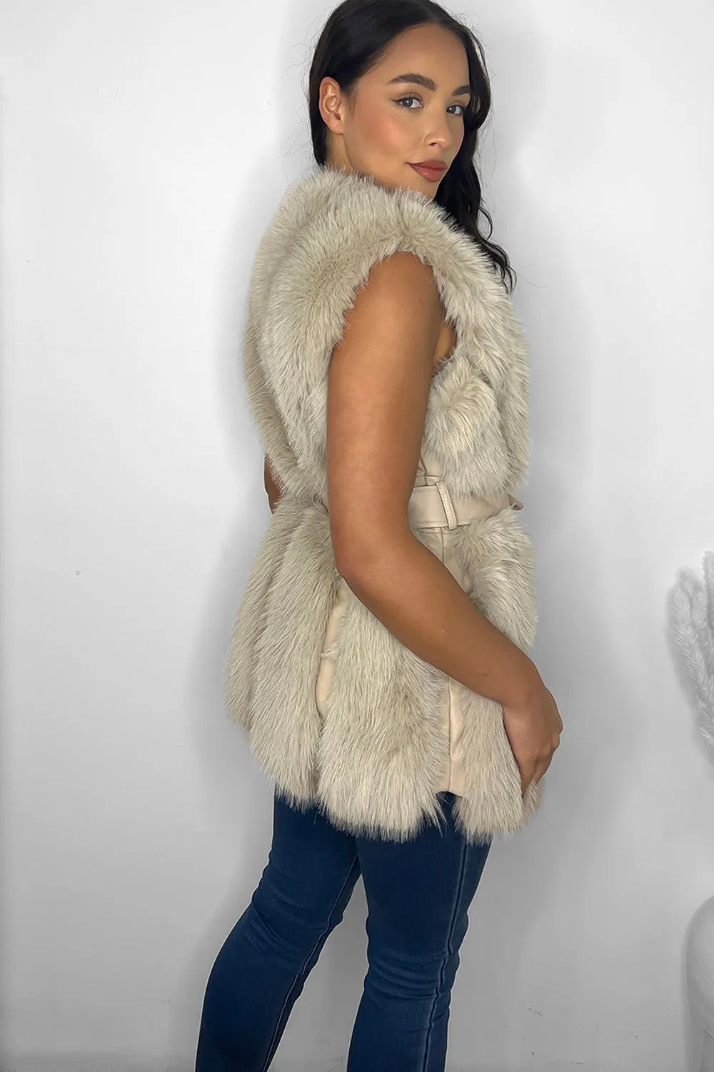 Faux Fur Gilet Belted Style Sleeveless Jacket