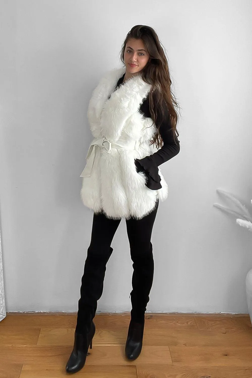 Faux Fur Gilet Belted Style Sleeveless Jacket