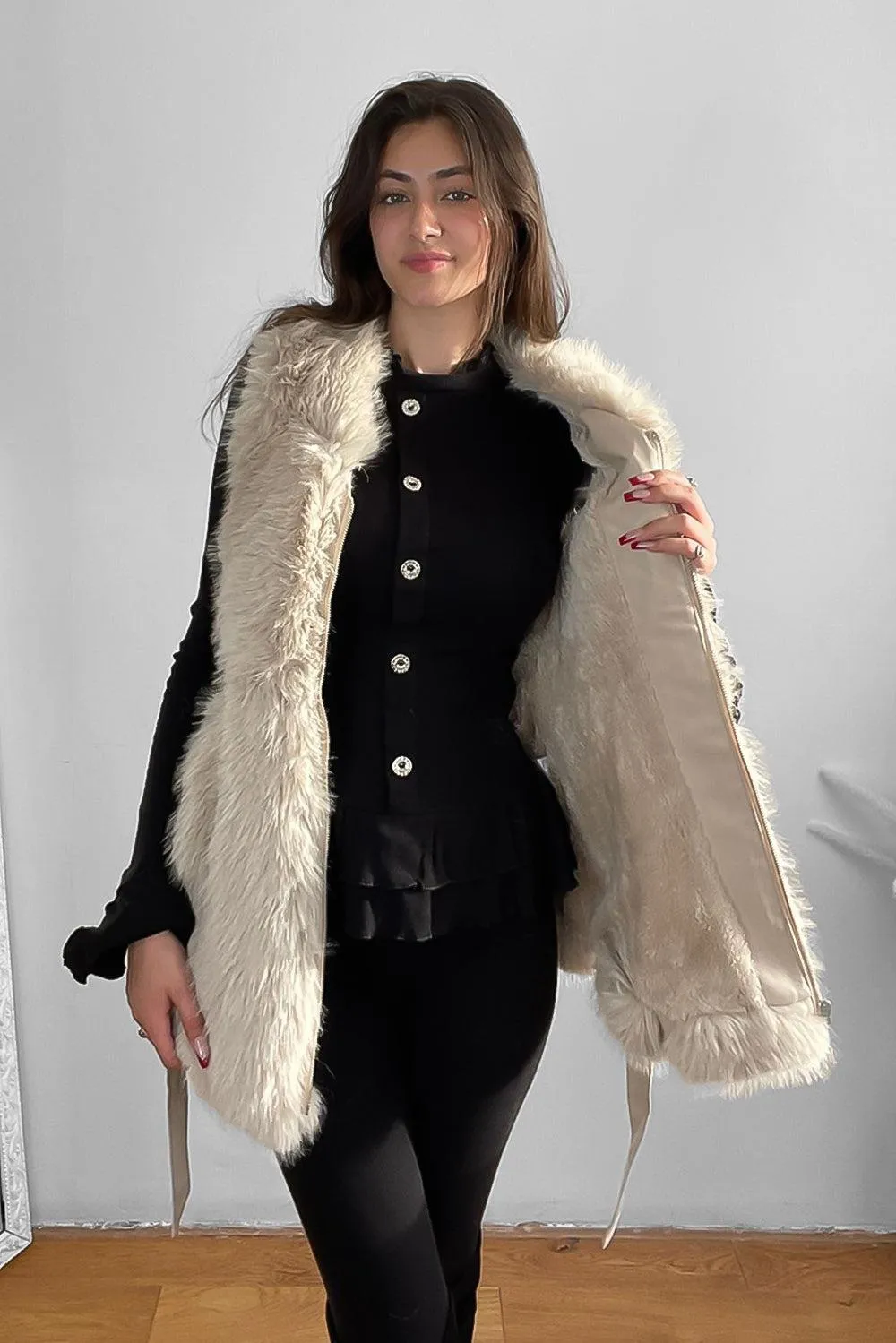 Faux Fur Gilet Belted Style Sleeveless Jacket