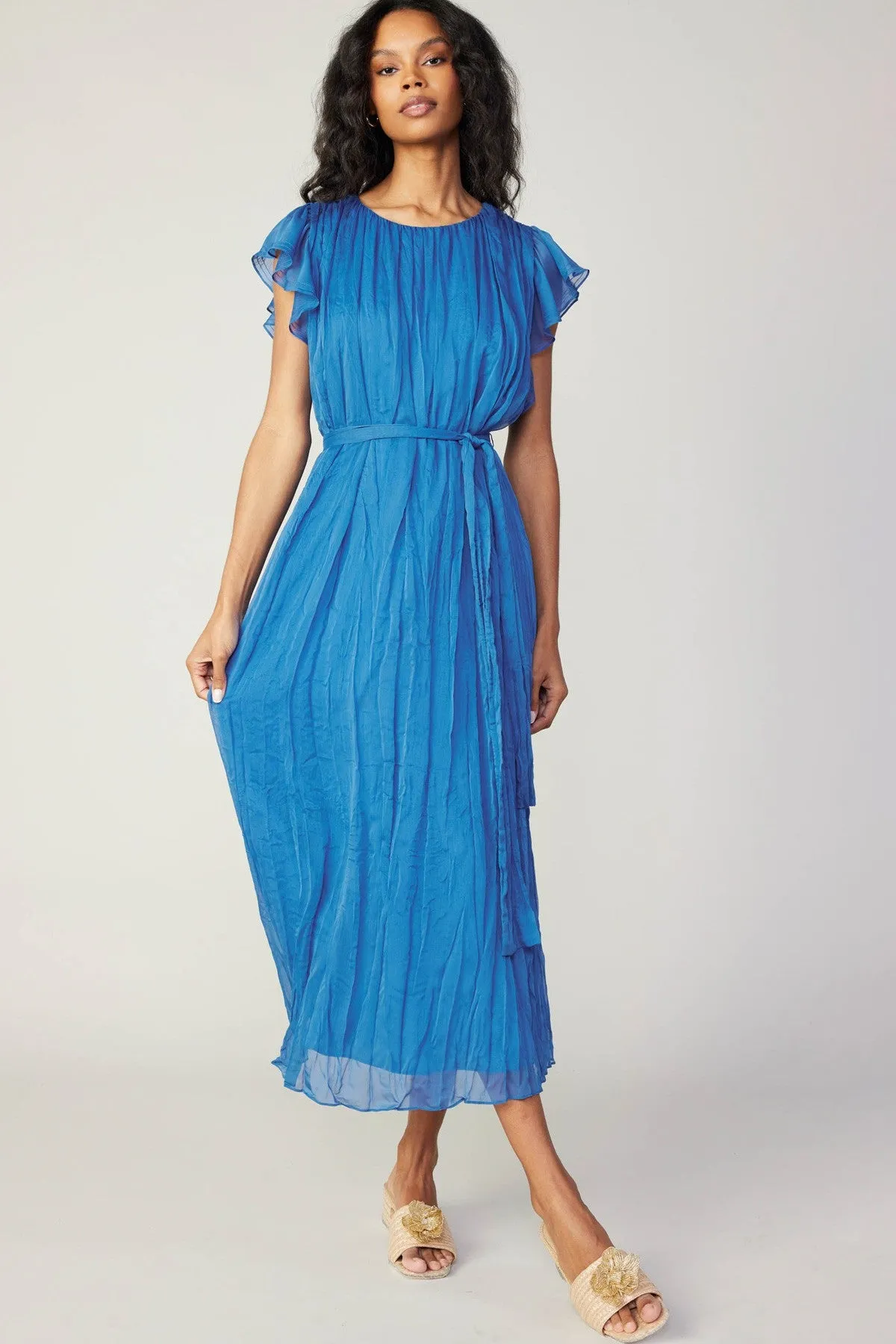 Flutter Short Sleeve Crinkle Dress in azure blue by Current Air