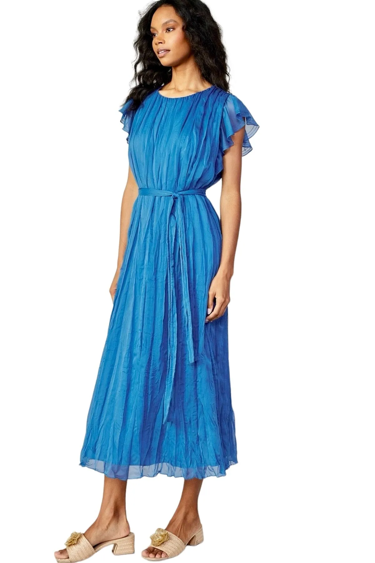 Flutter Short Sleeve Crinkle Dress in azure blue by Current Air