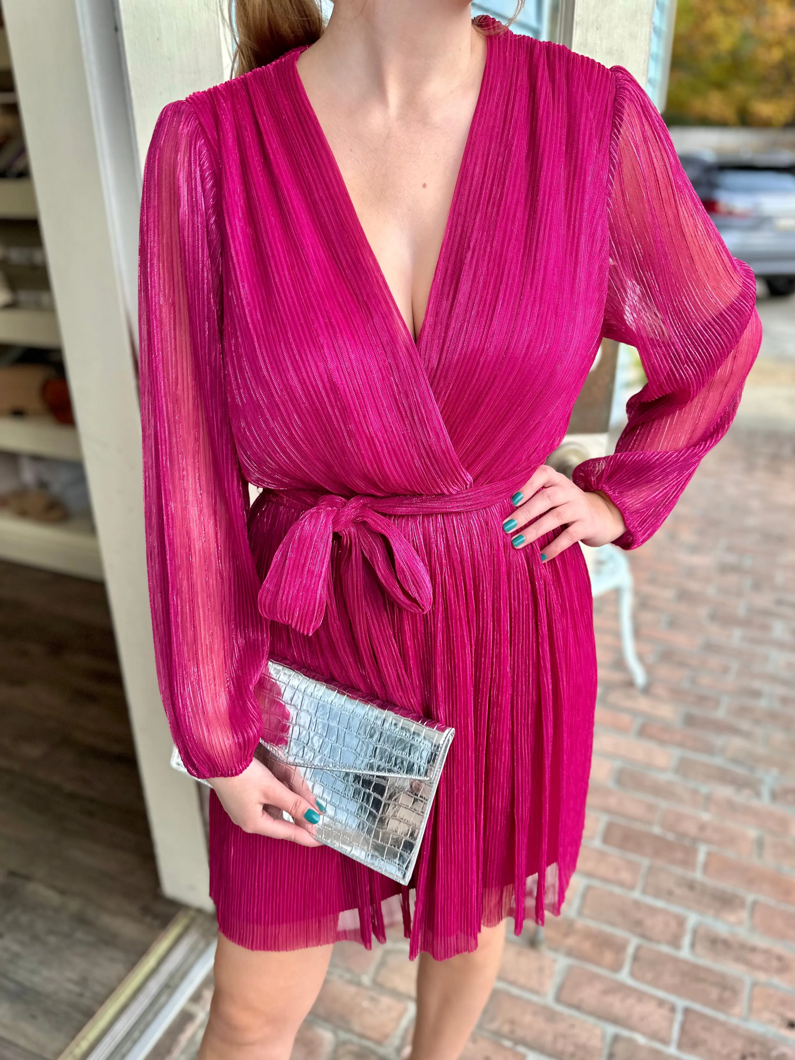 Fuchsia Pleated Shimmer Dress