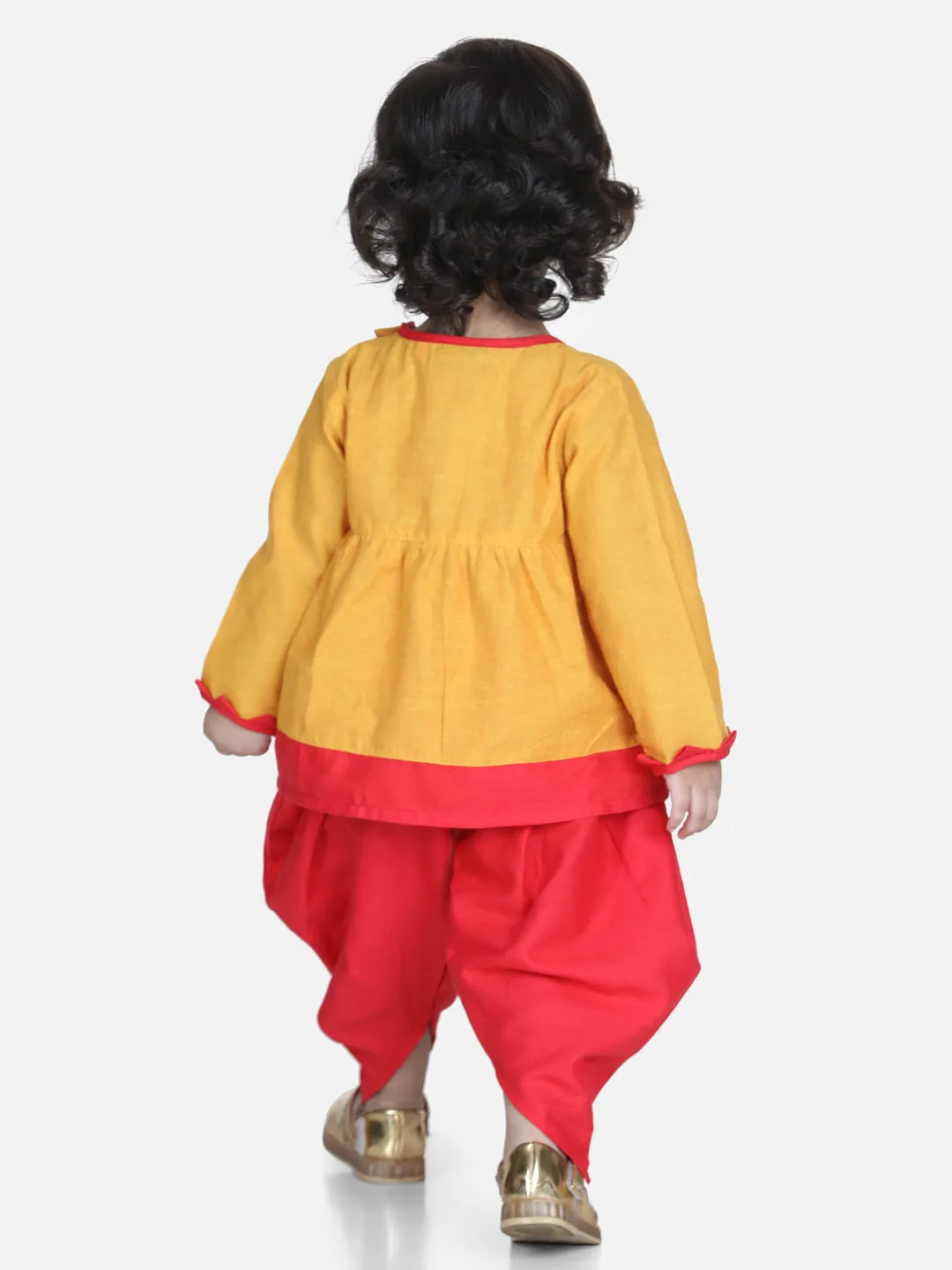 Girls Cotton Mor Embroidery Top Dhoti Indo Western Clothing Sets- Yellow