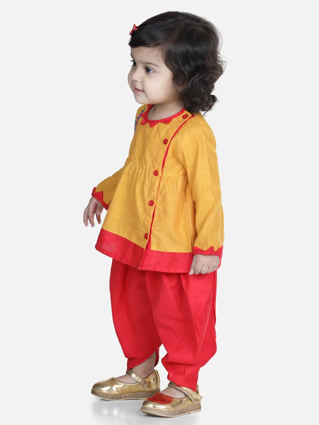 Girls Cotton Mor Embroidery Top Dhoti Indo Western Clothing Sets- Yellow