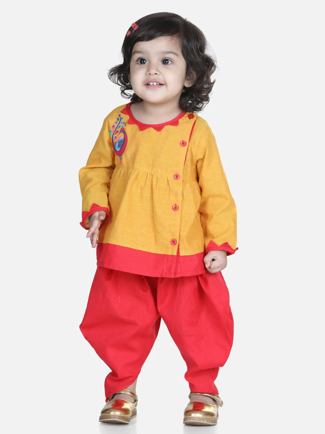 Girls Cotton Mor Embroidery Top Dhoti Indo Western Clothing Sets- Yellow