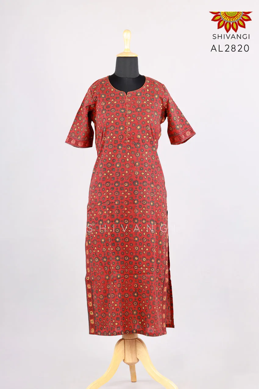 Girls Maroon Hand Block Printed Ajrakh Kurti