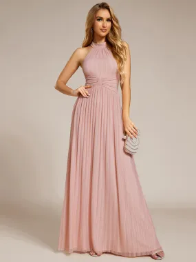 Glittery Halter Neck Pleated Formal  Evening Dress