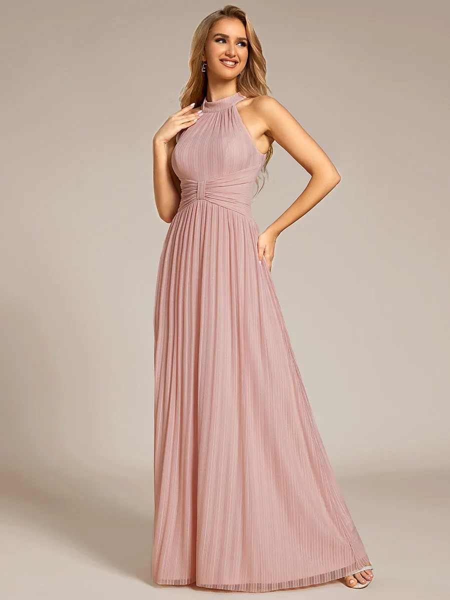 Glittery Halter Neck Pleated Formal  Evening Dress