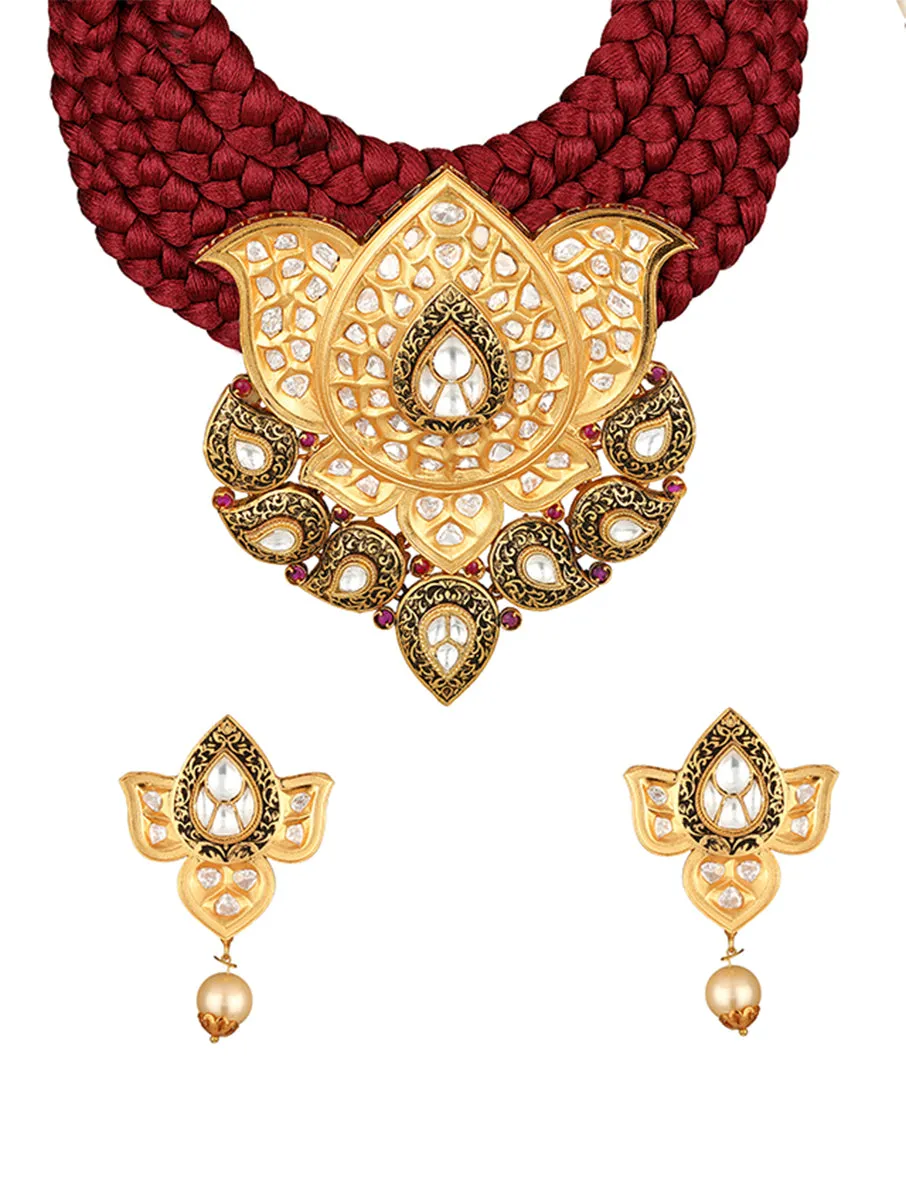 Golden, Maroon, Dark Grey  Kundan Polki, Necklace Set