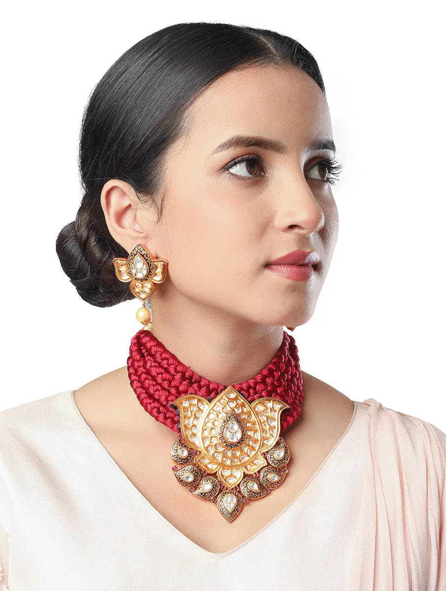 Golden, Maroon, Dark Grey  Kundan Polki, Necklace Set