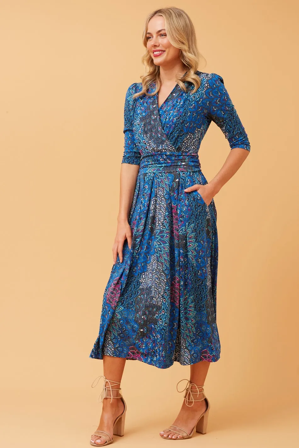 GRACE PEACOCK PRINT MIDI DRESS