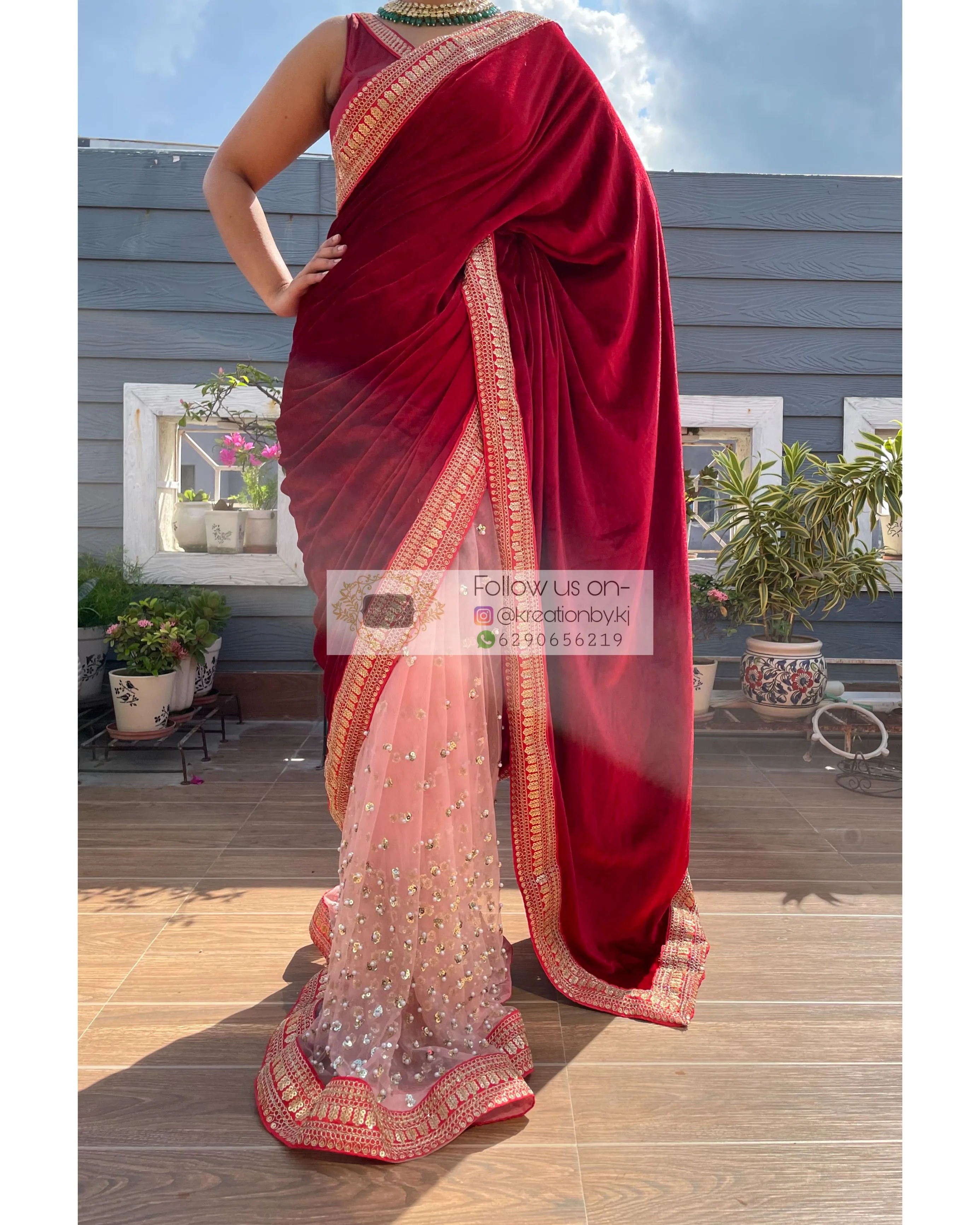 Half Velvet Half Net Maroon Saree