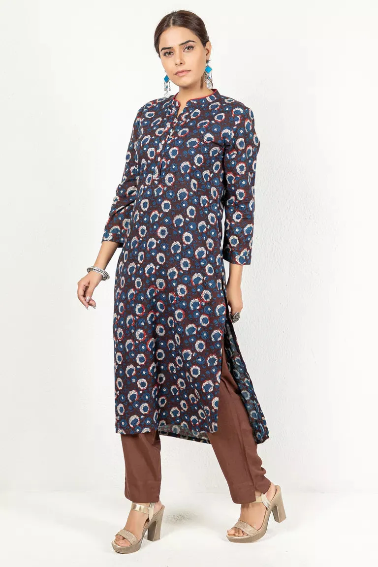 Indigo & Maroon Hand Block Jaota Print Kurta