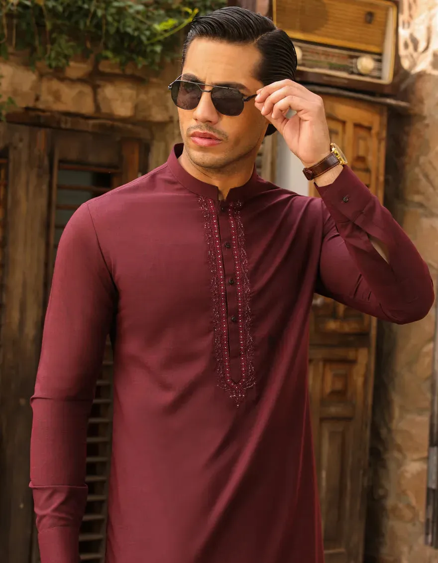 J. Mens Maroon Blended Shalwar Kameez