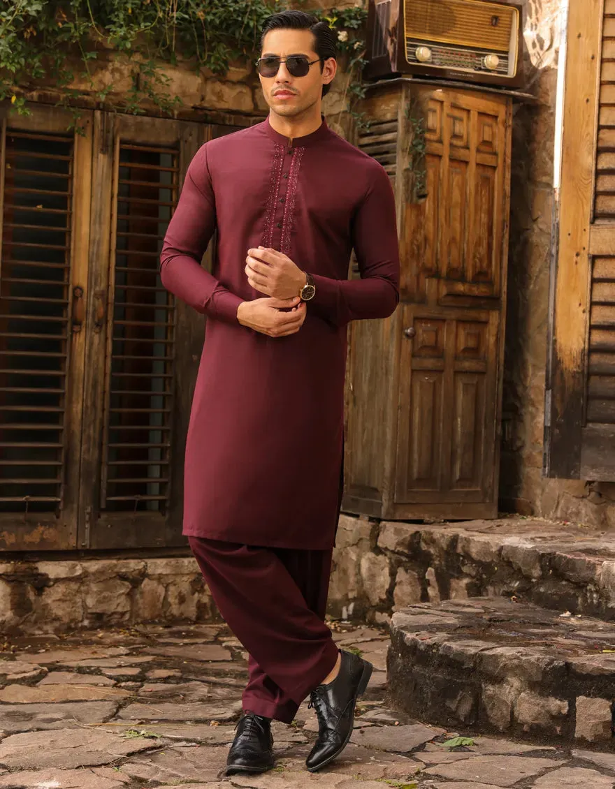 J. Mens Maroon Blended Shalwar Kameez